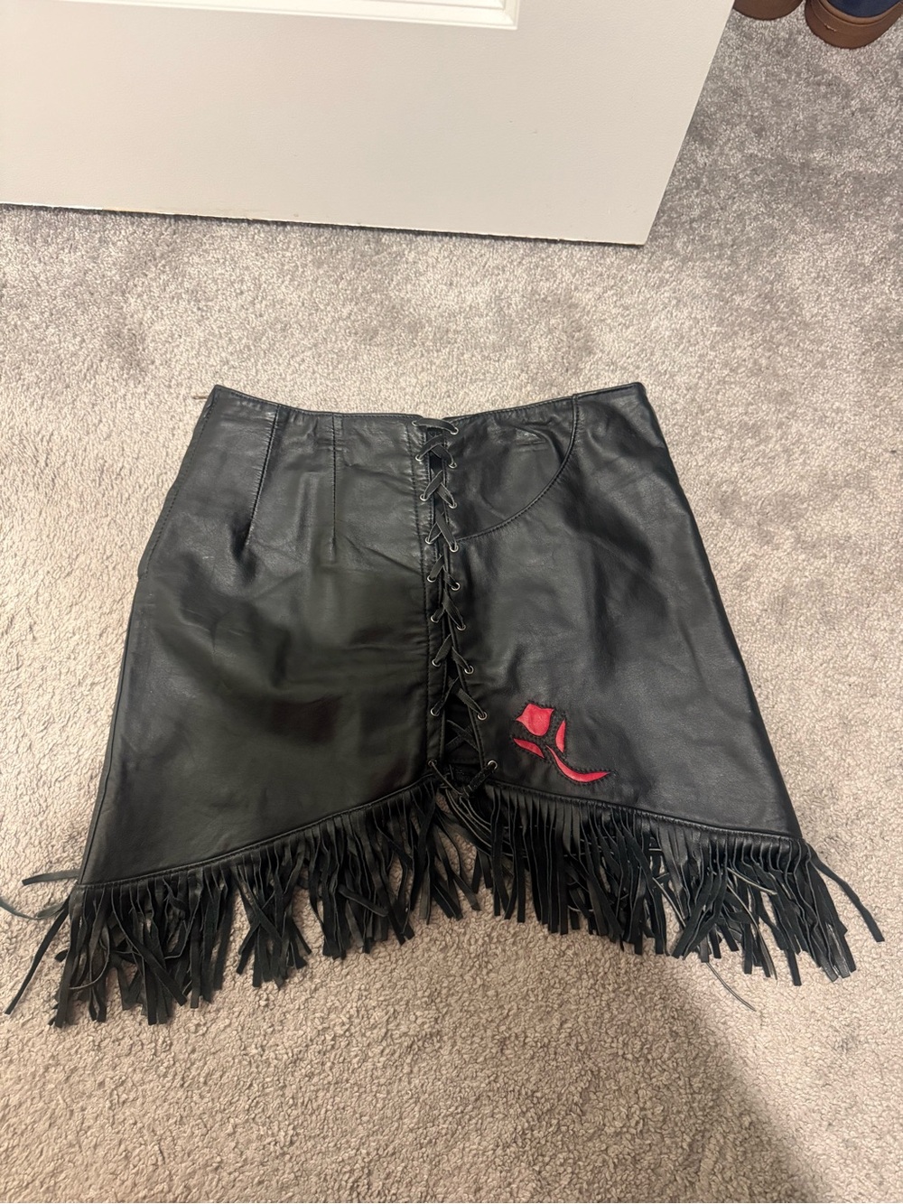 Vintage Black Leather Harley-Davidson Mini Skirt with Red Detail